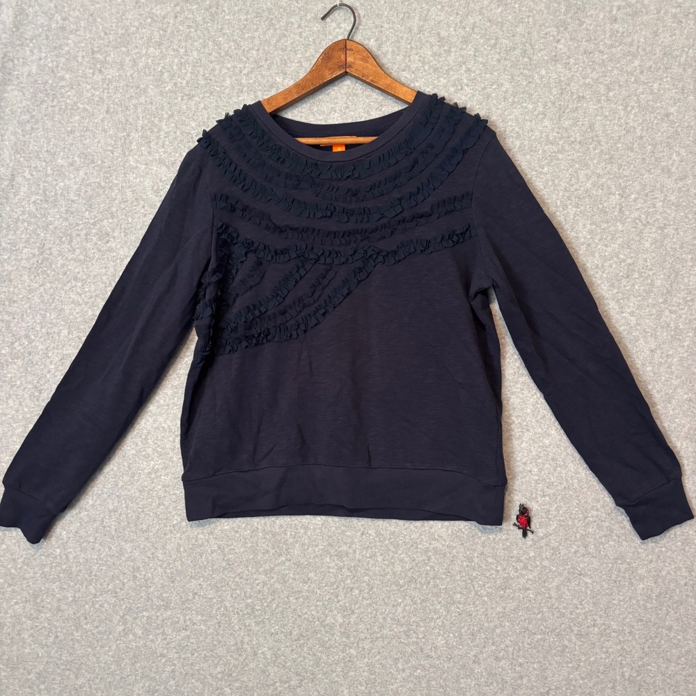 Joe Fresh Women's L Sweatshirt Crewneck Navy Blue Ruffle Tiered Large Pullover